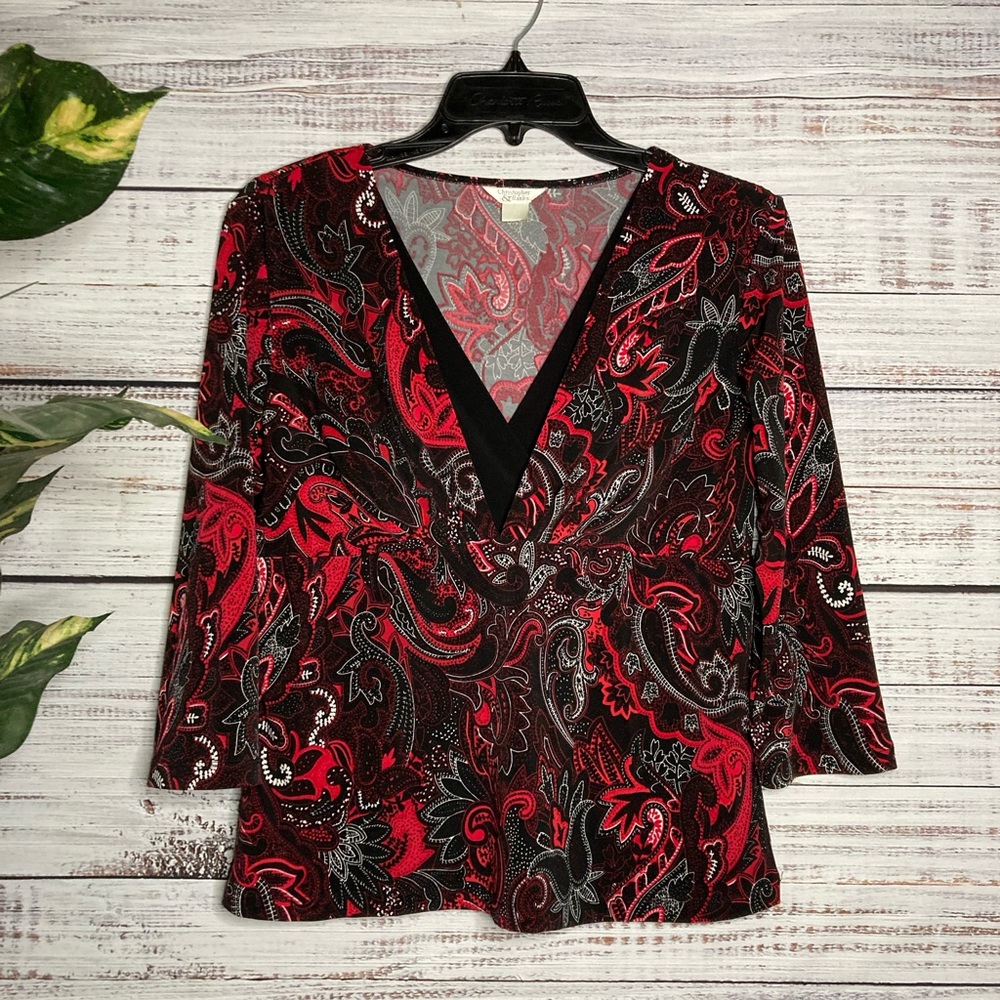 Was💲25! Christopher & Banks V-neck black & red floral blouse, size Medium